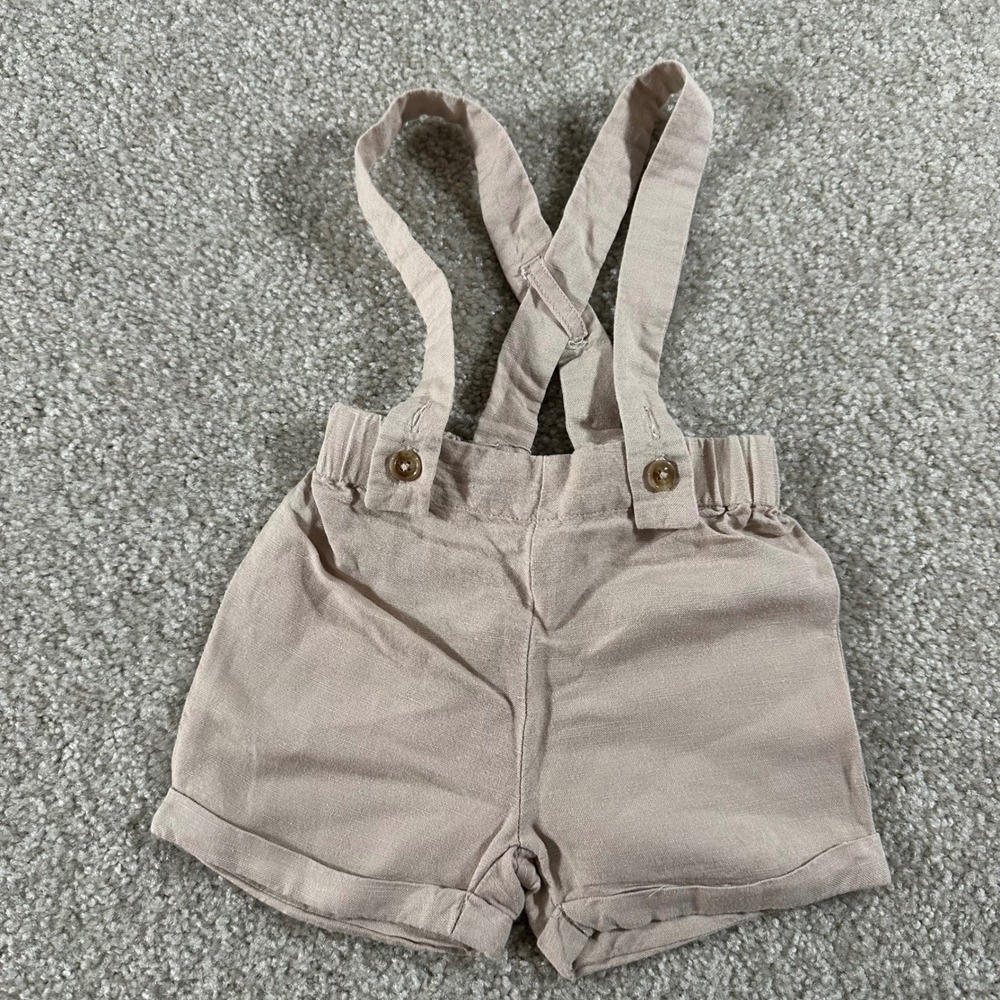 Edgehill Collection Tan Linen Blend Suspender Shorts Infant 6M Neutral Khaki